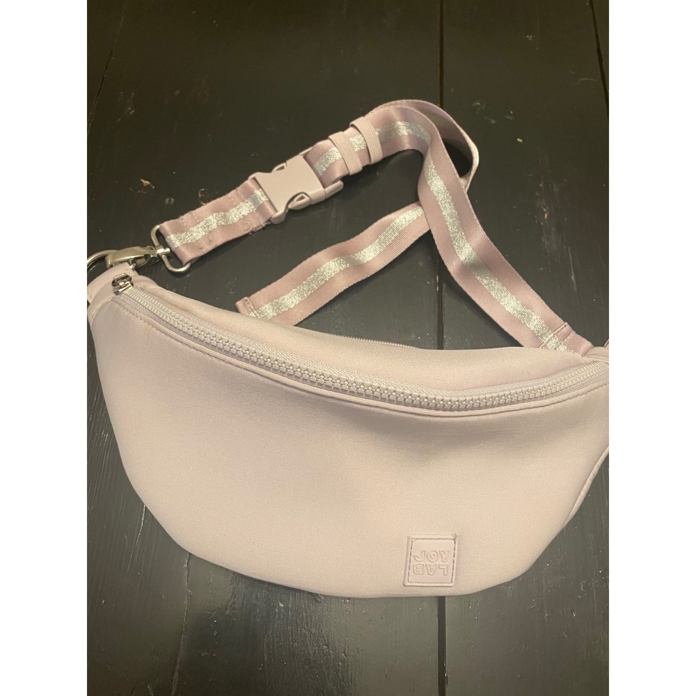 JoyLab Lavender Purple Fanny Pack Waist Bag Silver Glitter Stripe Neoprene Strap